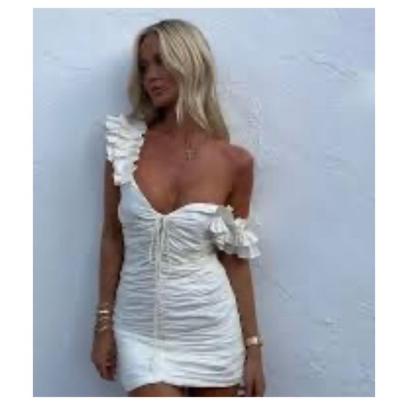 Zara Ruched Linen Blend Cocktail Mini Dress sz: XS White Tie Front Ruffle Straps - Picture 1 of 7